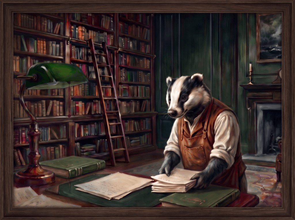 Clive's Man — badger at a study desk with ledger and lamp, context steward and keeper of the study