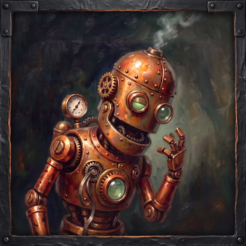 Steampunk workshop robot minion — brass smokestack crown and gear-toothed grin