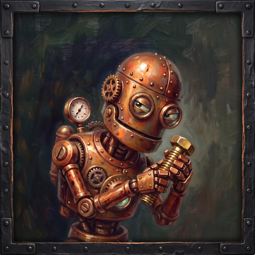 Steampunk workshop robot minion — brass hands clutching a golden bolt